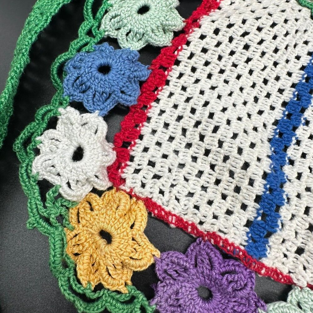 Vintage Floral Apron Handmade Crochet Knitted Flowers Rainbow Stripes Retro - Picture 4 of 7